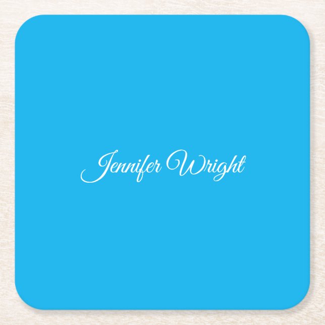 Calligraphy minimalist plain modern azure blue square paper coaster (Front)