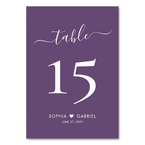 Calligraphy Minimalist Purple Wedding Double Sided Table Number