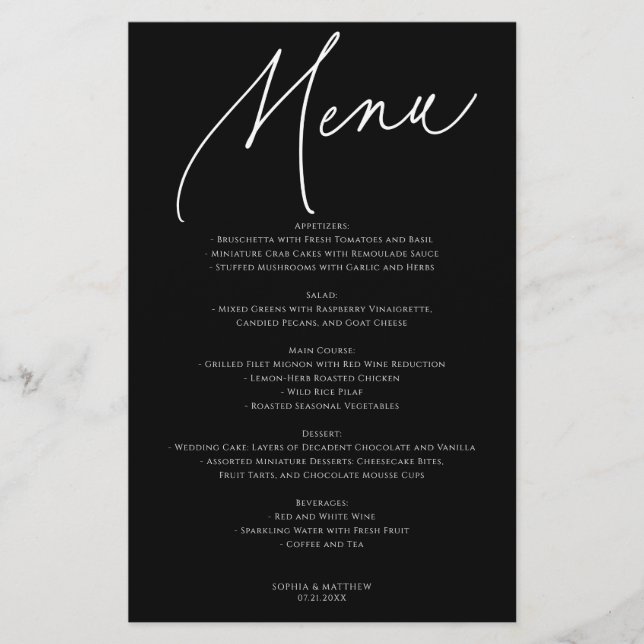Calligraphy Minimalist Wedding Menu Black (Front)