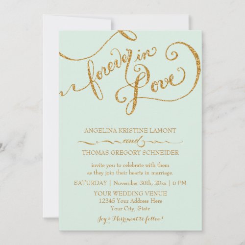 Calligraphy Mint Script Forever Love Gold Glitter Announcement