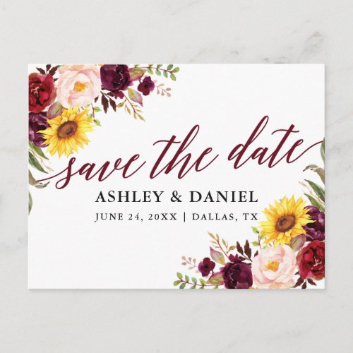Calligraphy Mixed Floral Burgundy Save The Date Postcard