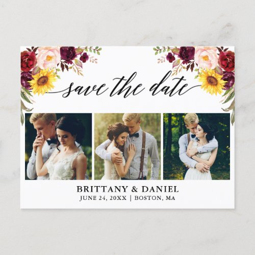 Calligraphy Mixed Floral Save The Date 3 Photo Announcement Postcard