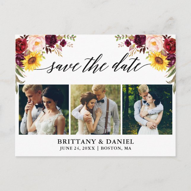 Calligraphy Mixed Floral Save The Date 3 Photo Announcement Postcard (Front)