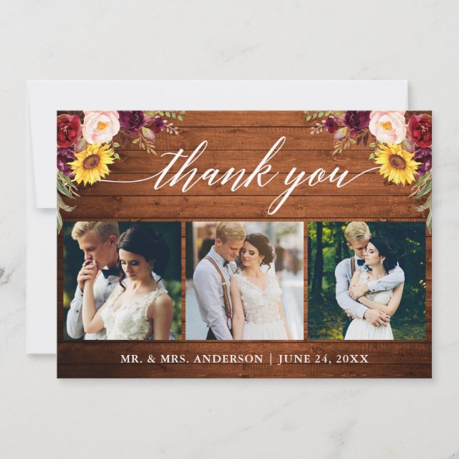 Calligraphy Mixed Floral Wedding Wood 3 Photo Thank You Card (Front)