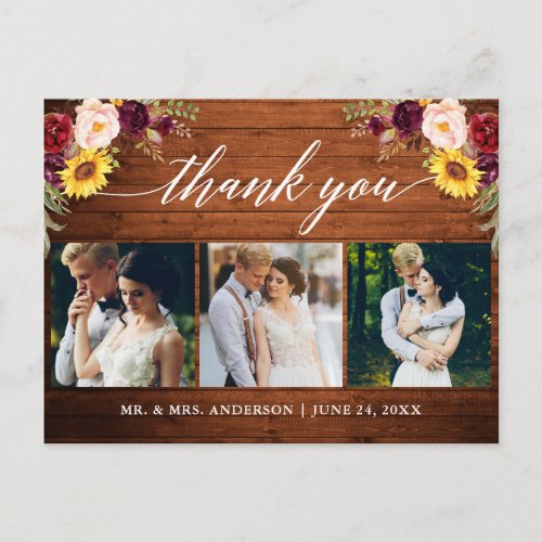Calligraphy Mixed Floral Wedding Wood Thank You Postcard