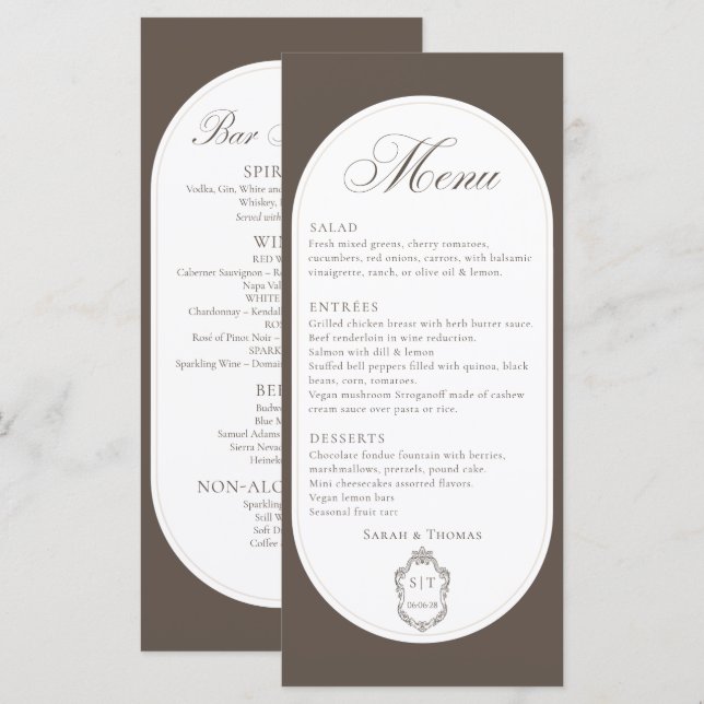 Calligraphy Mocha Brown Wedding Two Side Menu (Front/Back)