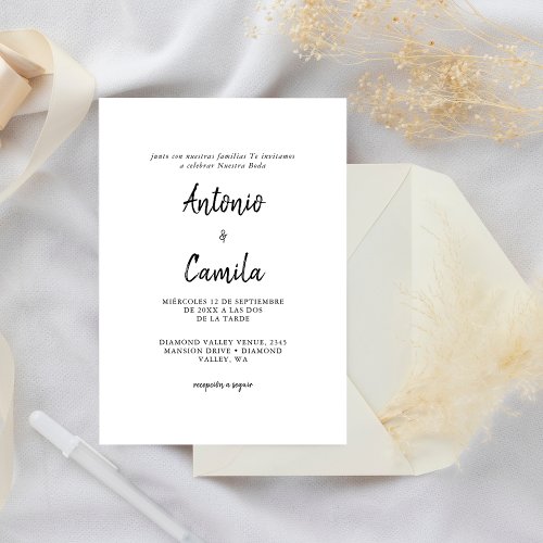 Calligraphy Modern Black  White Spanish Wedding Invitation