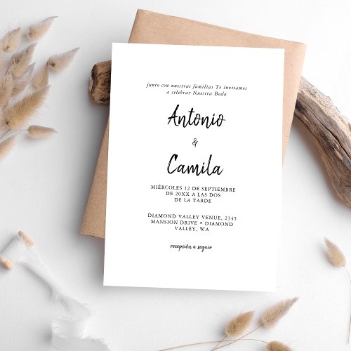 Calligraphy Modern Black  White Spanish Wedding Invitation