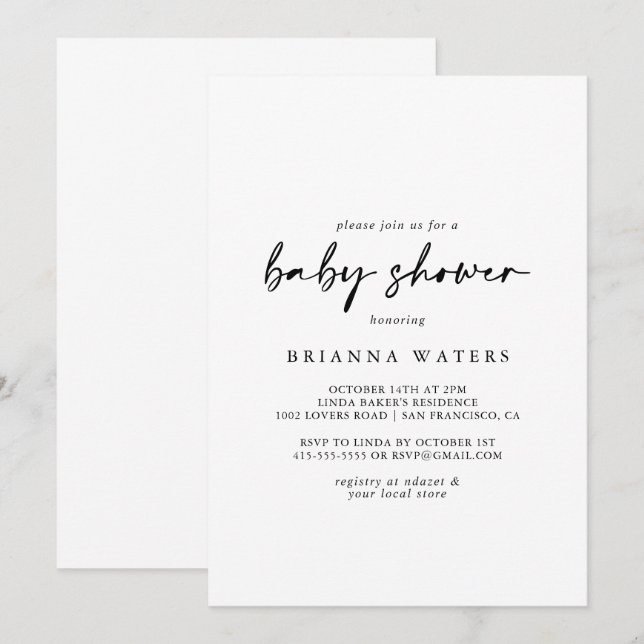 Calligraphy Modern Elegant Baby Shower  Invitation (Front/Back)