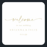 Calligraphy Modern Elegant Gold Wedding Welcome   Square Sticker<br><div class="desc">This calligraphy modern elegant gold wedding welcome square sticker is perfect for a rustic wedding. The simple and elegant design features classic,  gold and fancy script typography. These labels are perfect for hotel guest welcome bags and destination weddings.</div>