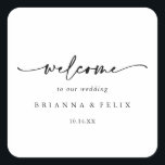 Calligraphy Modern Elegant Wedding Welcome   Square Sticker<br><div class="desc">This calligraphy modern elegant wedding welcome square sticker is perfect for a rustic wedding. The simple and elegant design features classic and fancy script typography in black and white. These labels are perfect for hotel guest welcome bags and destination weddings.</div>