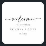 Calligraphy Modern Elegant Wedding Welcome   Square Sticker<br><div class="desc">This calligraphy modern elegant wedding welcome square sticker is perfect for a rustic wedding. The simple and elegant design features classic and fancy script typography in black and white. These labels are perfect for hotel guest welcome bags and destination weddings.</div>