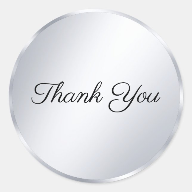 Calligraphy Modern Thank You Text Metallic Silver Classic Round Sticker (Front)
