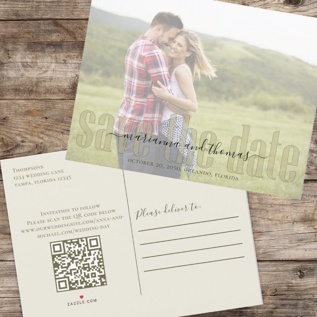 Calligraphy Modern Vellum Elegant Photo QR Code Announcement Postcard (Creator Uploaded)