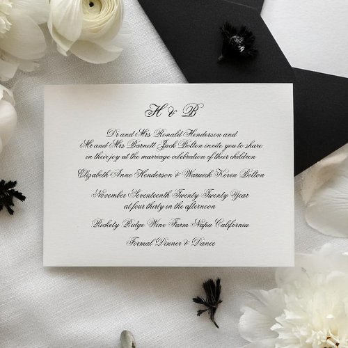 Calligraphy Monogram Black  White Classic Wedding Invitation