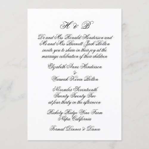 Calligraphy Monogram Black  White Formal Wedding Invitation