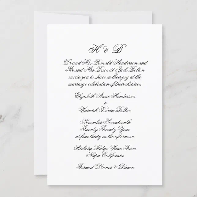 Calligraphy Monogram Black & White Formal Wedding Invitation | Zazzle