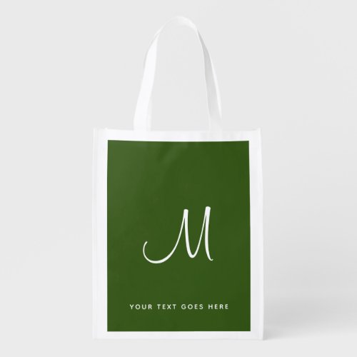 Calligraphy Monogram Customer Elegant Forest Green Grocery Bag