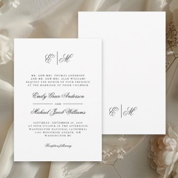 Calligraphy Monogram Formal Black & White Wedding Invitation by Oasis_Landing at Zazzle