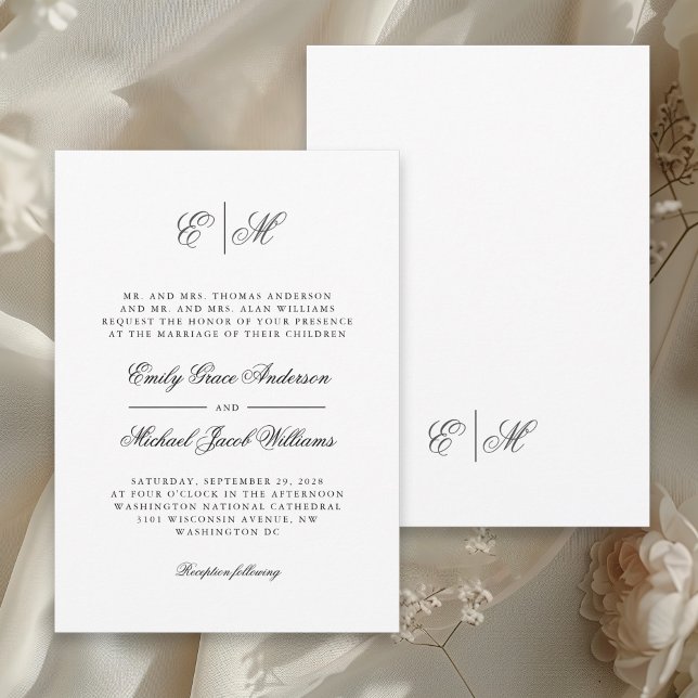 Calligraphy Monogram Formal Black & White Wedding Invitation (Available in both printed and digital download formats.)