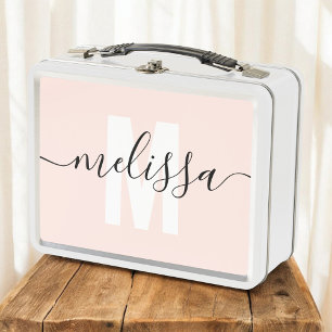 Calligraphy Monogram Girly Blush Pink Metal Lunch Box