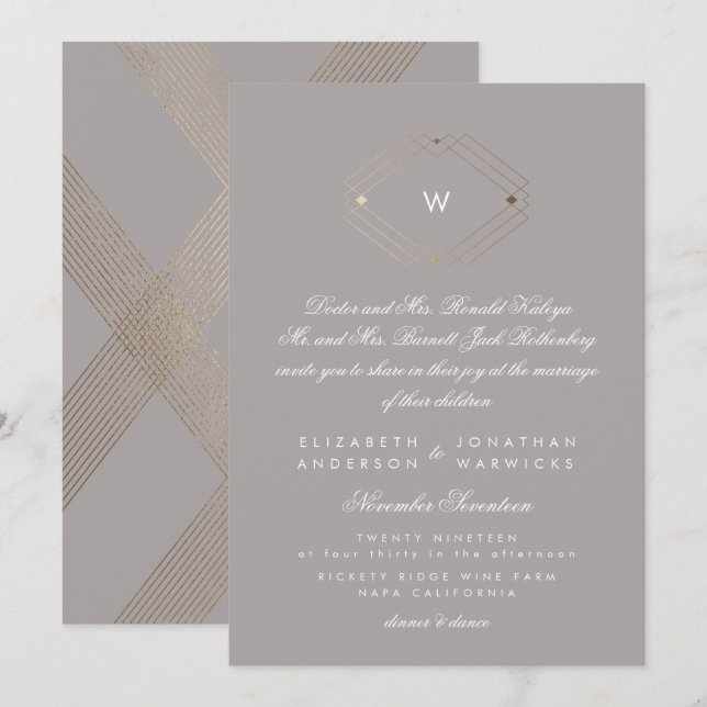 Calligraphy Monogram Gold Foil Grey Musk Wedding Invitation (Front/Back)