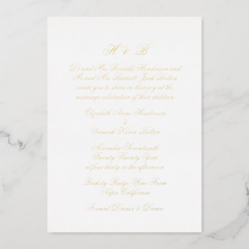 Calligraphy Monogram Gold  White Formal Wedding Foil Invitation