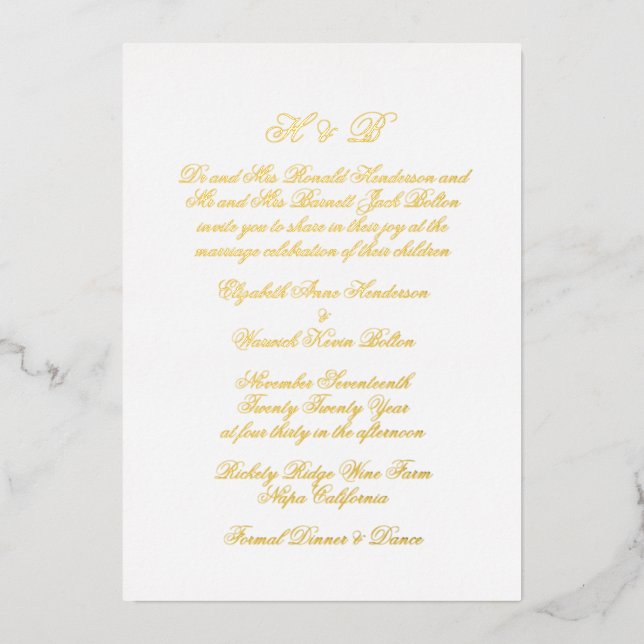 Calligraphy Monogram Gold & White Formal Wedding Foil Invitation (Front)