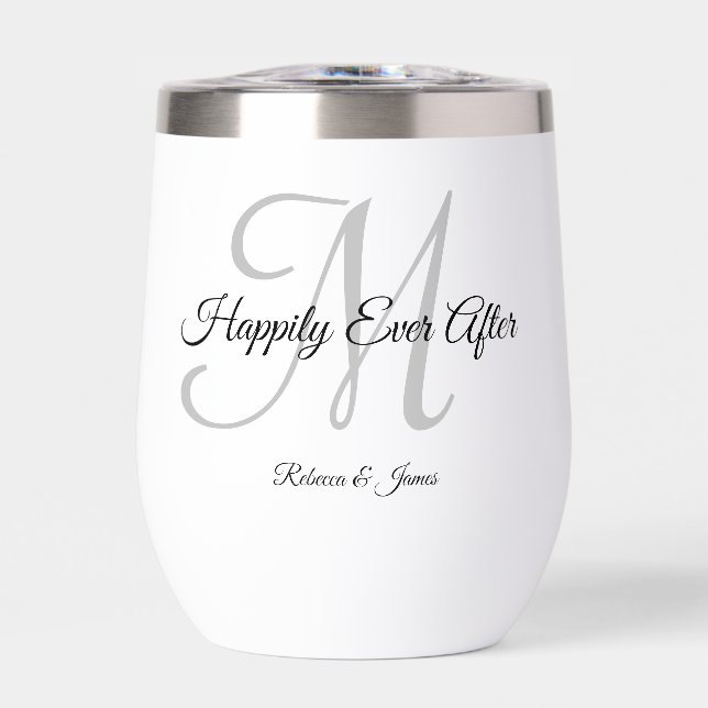 Calligraphy Monogram Happily Ever After Party Thermal Wine Tumbler (Front)