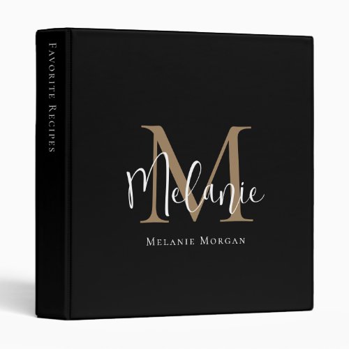 Calligraphy Monogram Name Black Gold Recipe 3 Ring Binder