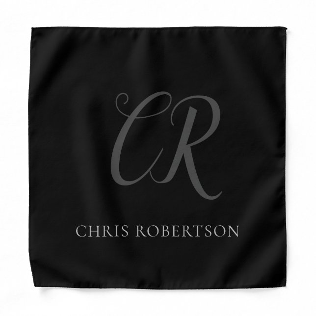 Calligraphy Monogram Name Black Grey Custom Gift Bandana (Front)