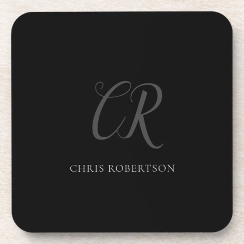 Calligraphy Monogram Name Black Grey Custom Gift Beverage Coaster