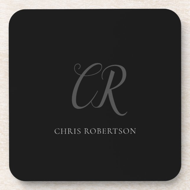 Calligraphy Monogram Name Black Grey Custom Gift Beverage Coaster (Front)