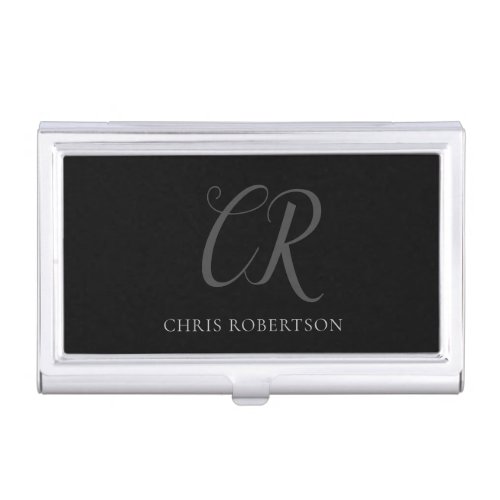 Calligraphy Monogram Name Black Grey Custom Gift Business Card Case