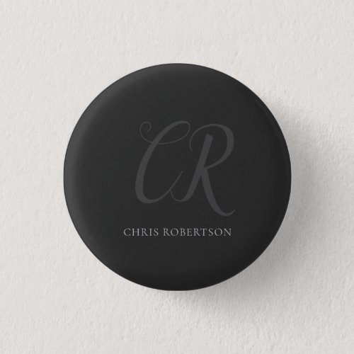 Calligraphy Monogram Name Black Grey Custom Gift Button