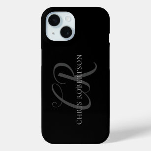 Calligraphy Monogram Name Black Grey Custom Gift iPhone 15 Case