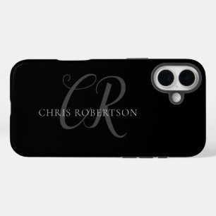 Calligraphy Monogram Name Black Grey Custom Gift iPhone 16 Plus Case