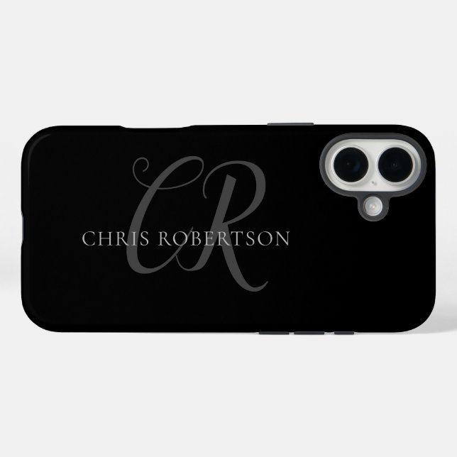 Calligraphy Monogram Name Black Grey Custom Gift Case-Mate iPhone Case (Back (Horizontal))