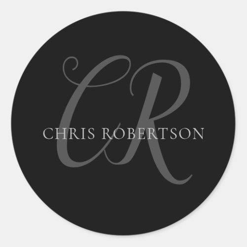 Calligraphy Monogram Name Black Grey Custom Gift Classic Round Sticker