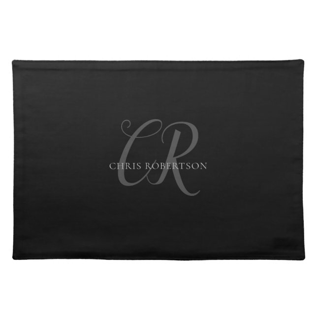 Calligraphy Monogram Name Black Grey Custom Gift Cloth Placemat (Front)