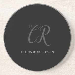 Calligraphy Monogram Name Black Grey Custom Gift Coaster