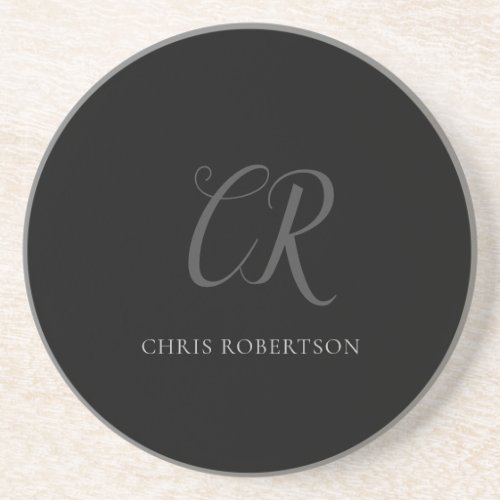 Calligraphy Monogram Name Black Grey Custom Gift Coaster