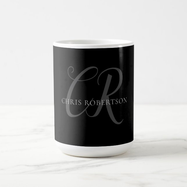 Calligraphy Monogram Name Black Grey Custom Gift Coffee Mug (Center)