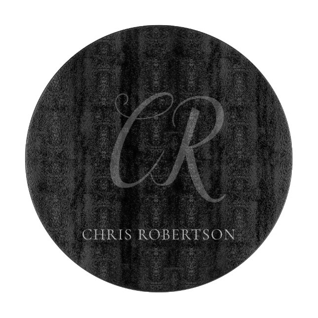 Calligraphy Monogram Name Black Grey Custom Gift Cutting Board (Front)