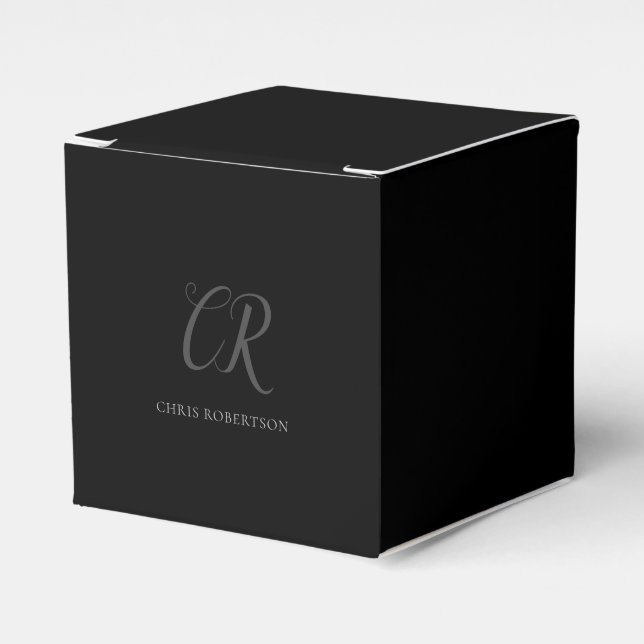 Calligraphy Monogram Name Black Grey Custom Gift Favor Boxes (Front Side)