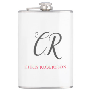 Calligraphy Monogram Name Black Grey Custom Gift Flask