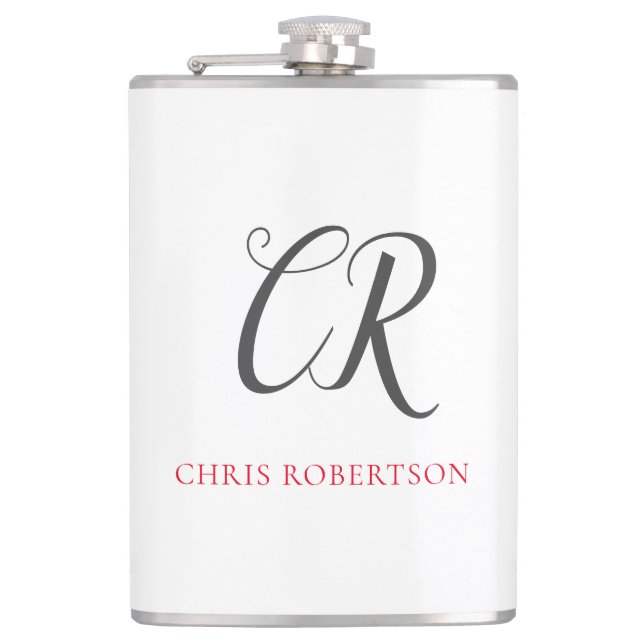 Calligraphy Monogram Name Black Grey Custom Gift Flask (Front)