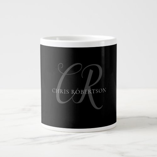 Calligraphy Monogram Name Black Grey Custom Gift Giant Coffee Mug