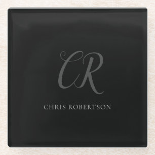 Calligraphy Monogram Name Black Grey Custom Gift Glass Coaster