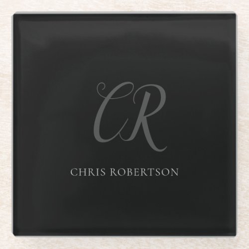 Calligraphy Monogram Name Black Grey Custom Gift Glass Coaster